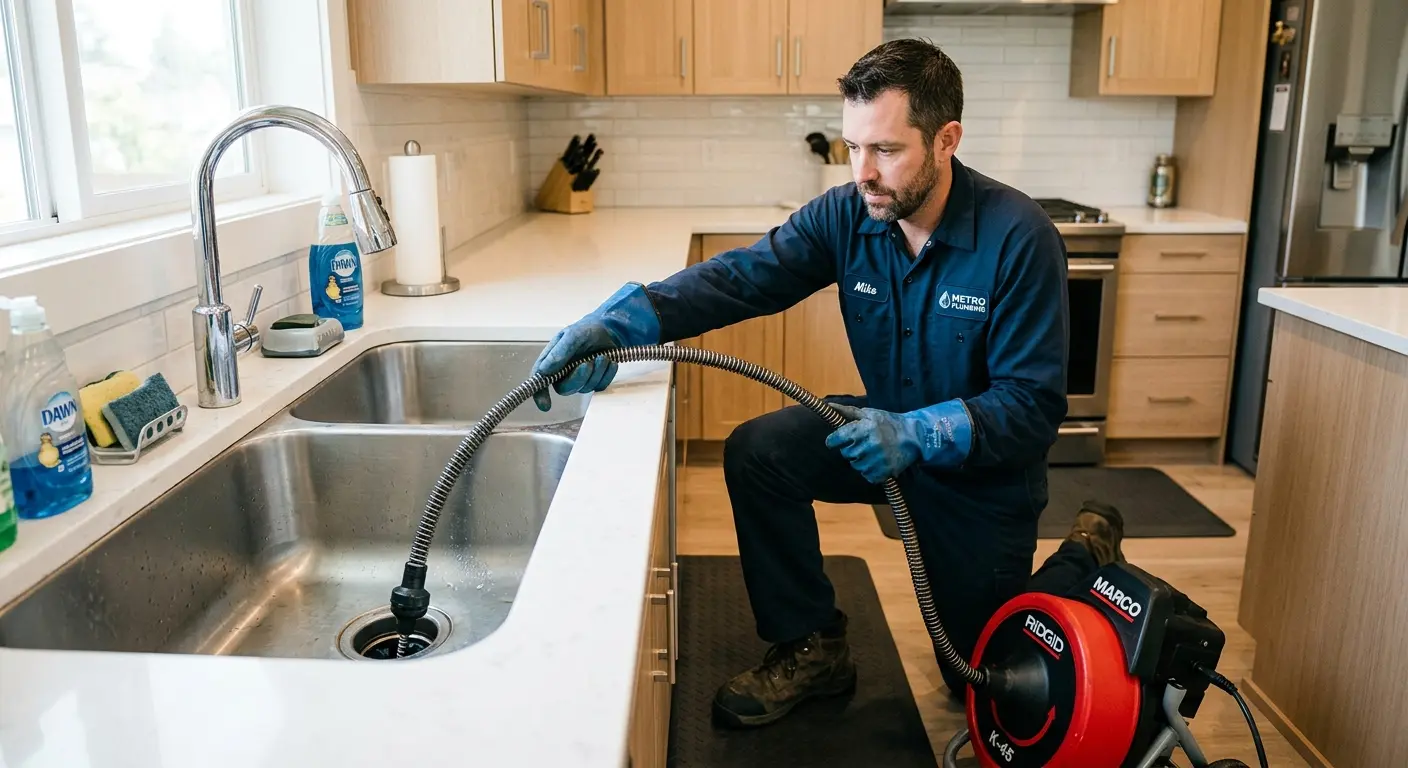 Drain cleaning technician using a motorized snake on a kitchen sink in Greenville